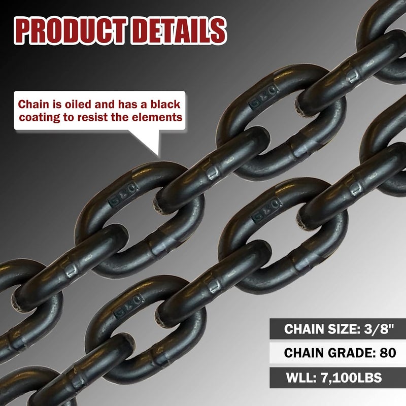 FITHOIST G80 Transport Binder Chain 3/8 Inch x 10 Foot | Tow Chain with Clevis Grab Hooks | 7,100 lbs Safe Working Load | Heavy Duty Chain for Transporting Towing (3/8'' x 10FT (Black)) - Image 3